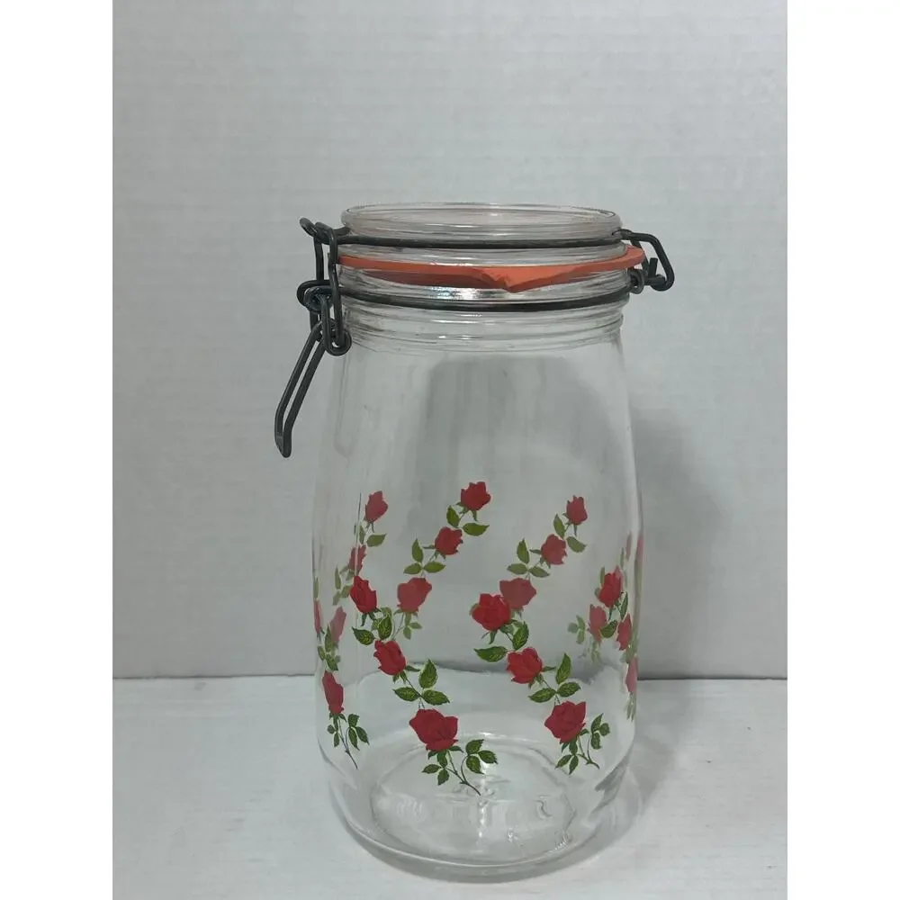 Vintage ARC Red Roses / Flowers Jar / Cannister Made in France 1.5 L
